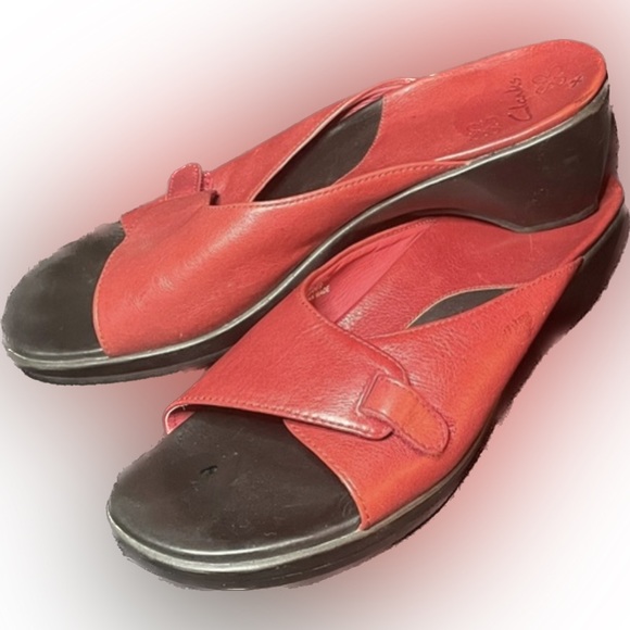 Clarks Shoes Clarks Red Leather Slide Sandals Poshmark